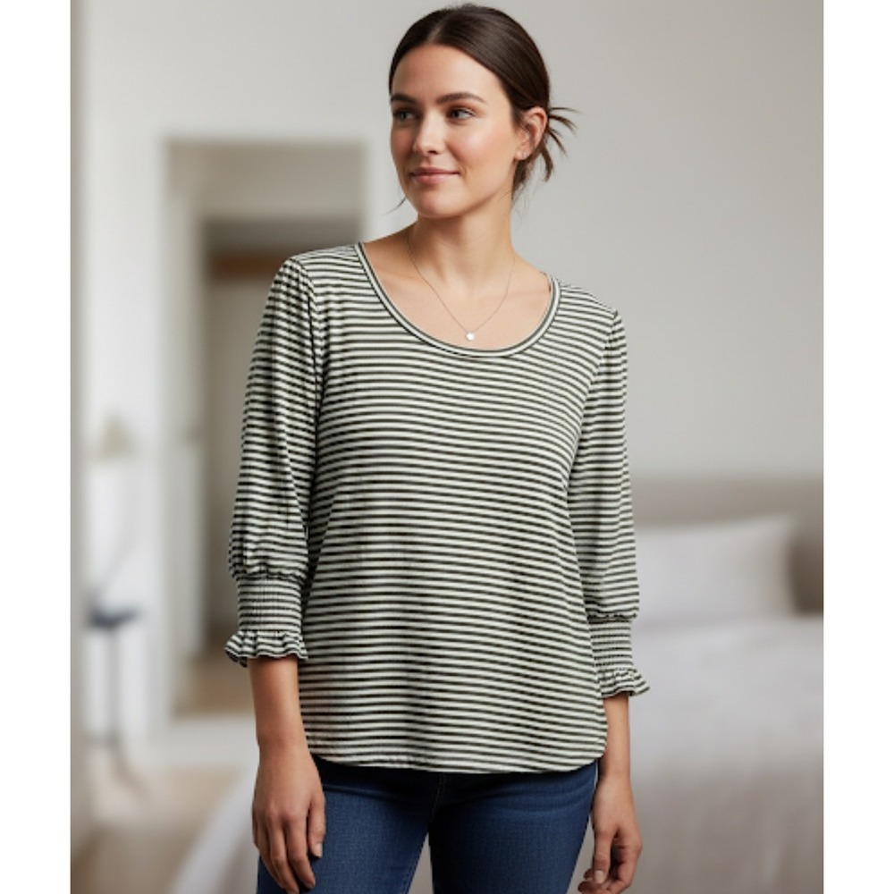Cato Womens XL Sage Green White Striped Smocked Cuff 3/4 Sleeve Blouse Top‎